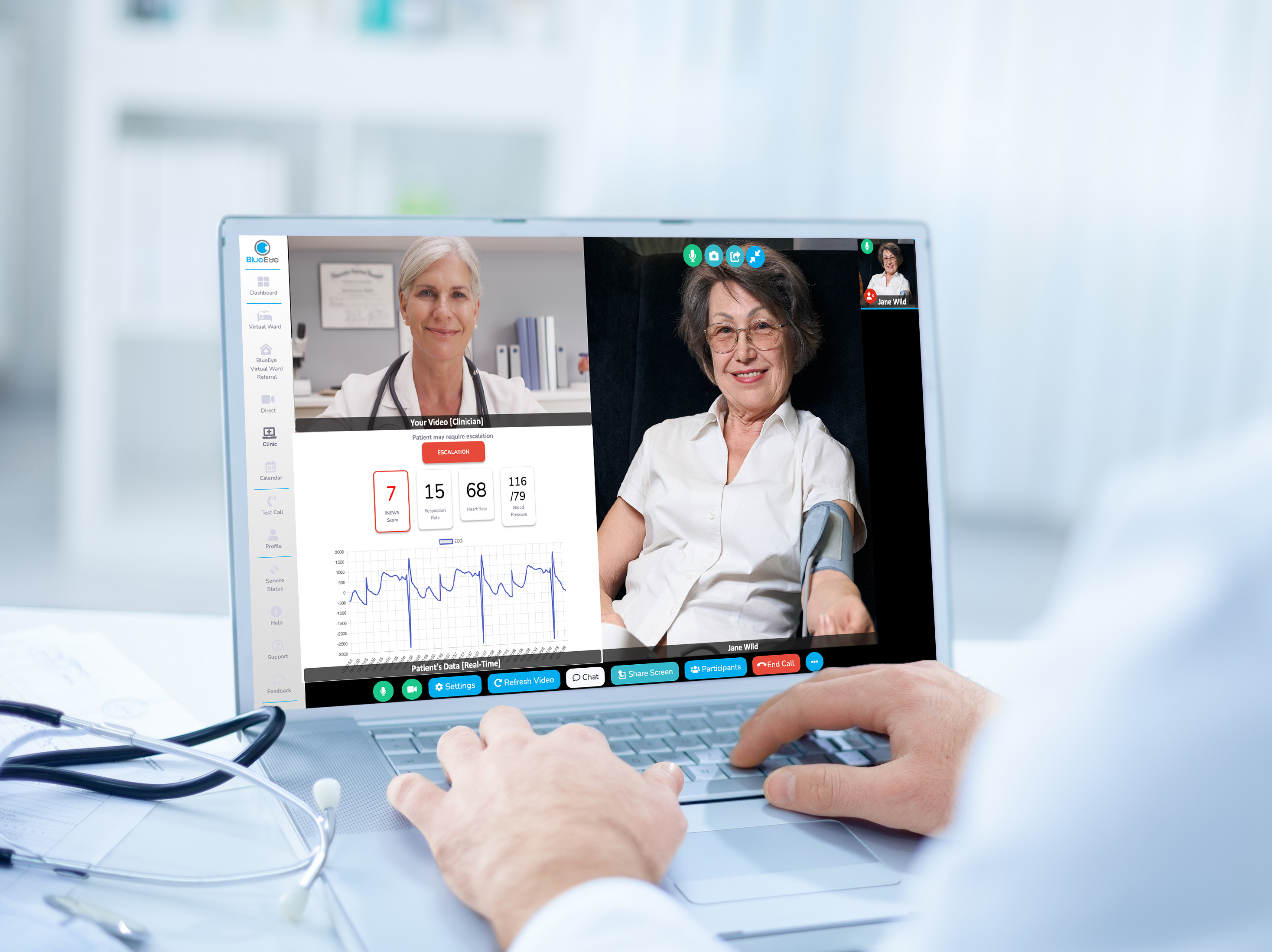 A healthcare professional engaged in a virtual ward with a patient with live patient video and patient vitals on screen